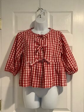VELVET HEART 100% Cotton Red/White Gingham Peplum Summer Picnic 4th of JulyTop S